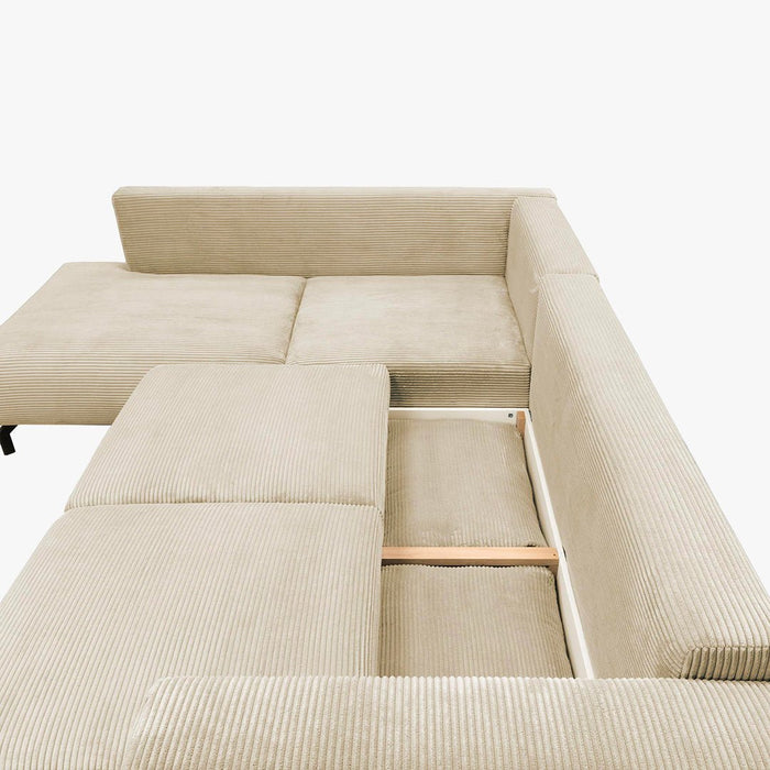 EMILIA Canapé d'angle convertible avec coffre en velours côtelé beige - Angle gauche