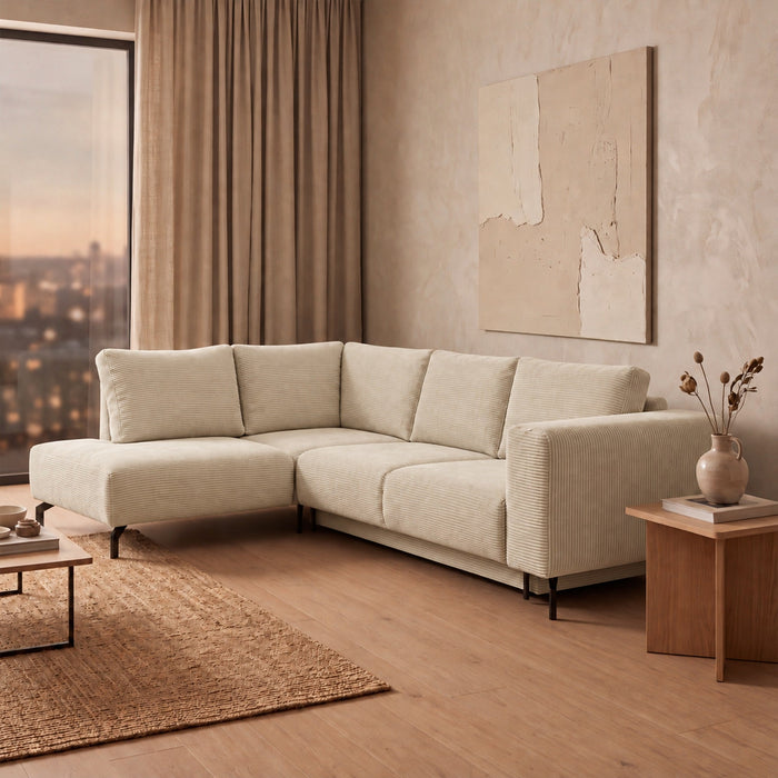 EMILIA Canapé d'angle convertible avec coffre en velours côtelé beige - Angle gauche – Canapé d'angle convertible Mobilier Deco