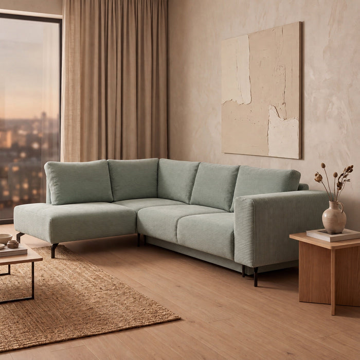 EMILIA Canapé d'angle convertible avec coffre en velours côtelé vert d'eau - Angle gauche – Canapé d'angle convertible Mobilier Deco