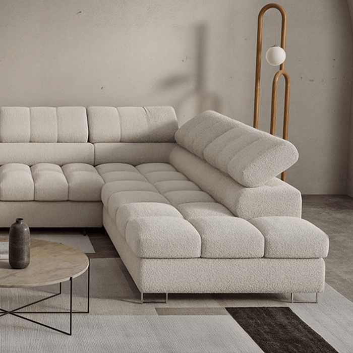EMMA Canapé panoramique convertible avec 2 coffres et têtières relevables en tissu bouclette beige