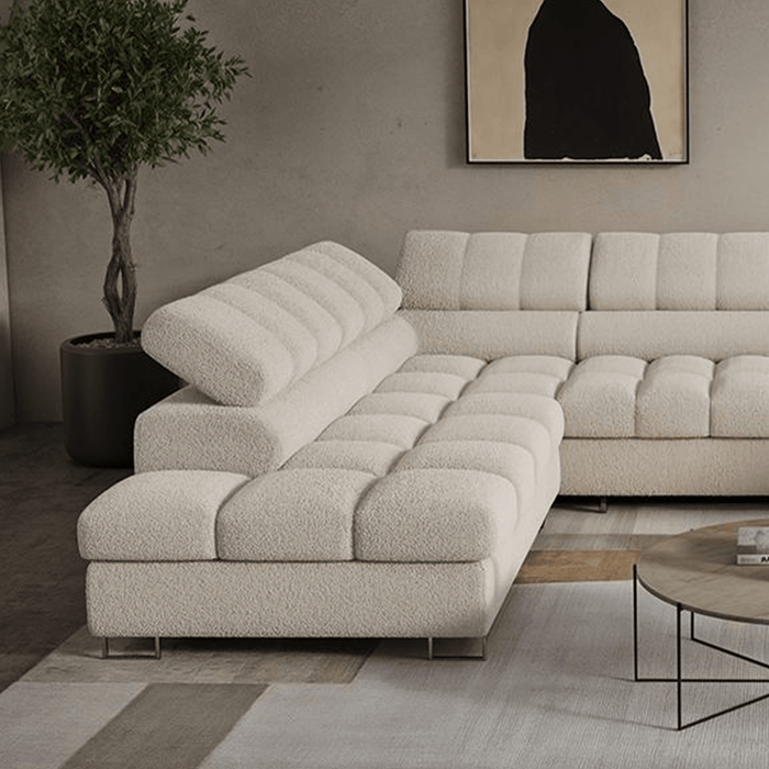 EMMA Canapé panoramique convertible avec 2 coffres et têtières relevables en tissu bouclette beige