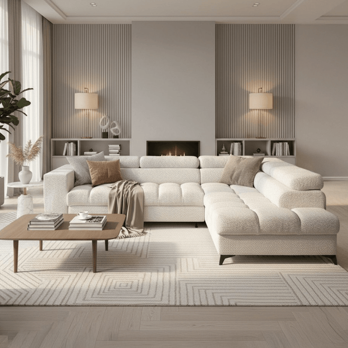 EMMA MINI Canapé d'angle convertible avec coffre et têtières relevables en tissu beige - Angle droit