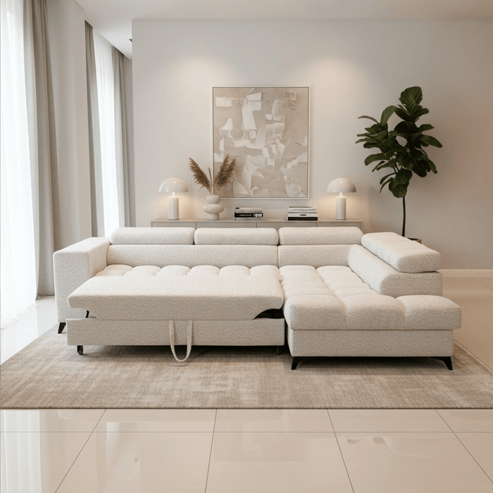 EMMA MINI Canapé d'angle convertible avec coffre et têtières relevables en tissu beige - Angle droit