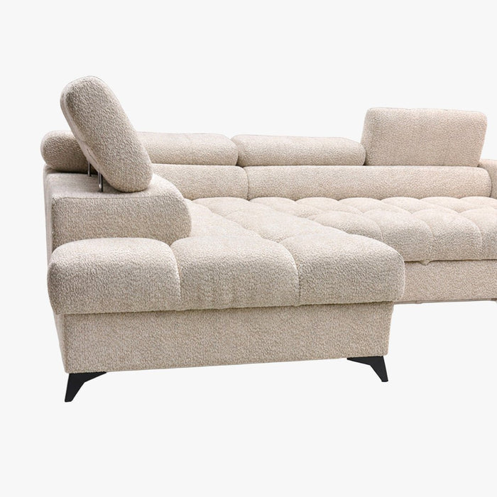EMMA MINI Canapé d'angle convertible avec coffre et têtières relevables en tissu beige - Angle gauche