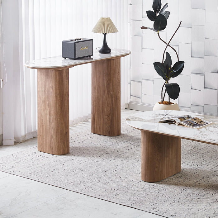 EVORA Console en pierre frittée blanc pieds couleur bois clair 120 cm