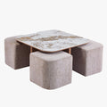 EVORA Table basse en pierre frittée blanc avec 4 poufs pieds couleur bois