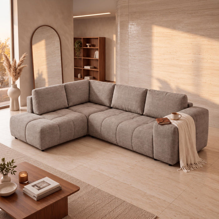 FANY Canapé d'angle convertible en tissu taupe - Angle gauche