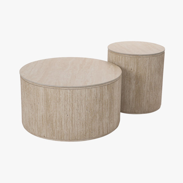 FARA Lot de 2 tables basses rondes plateau en céramique beige