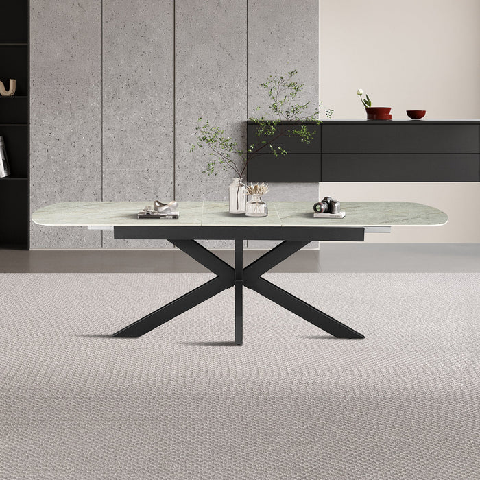 HESTIA Table extensible rectangulaire en pierre frittée beige pieds en métal noir 180-220 cm