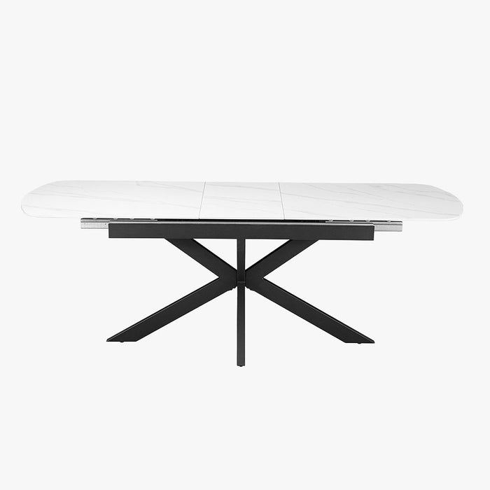 HESTIA Table extensible rectangulaire en pierre frittée blanc pieds en métal noir 180-220 cm