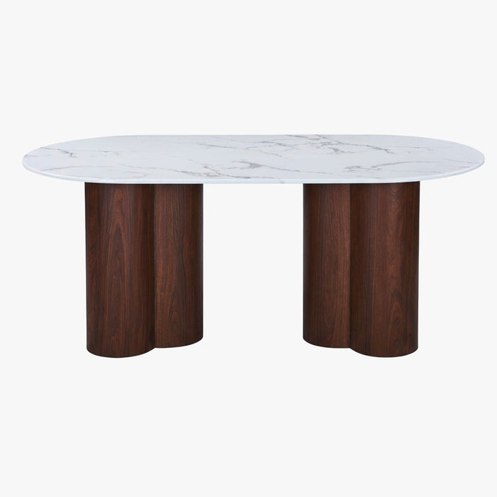 JASMINA XL Table à manger ovale en marbre composite pieds couleur bois foncé 180 cm
