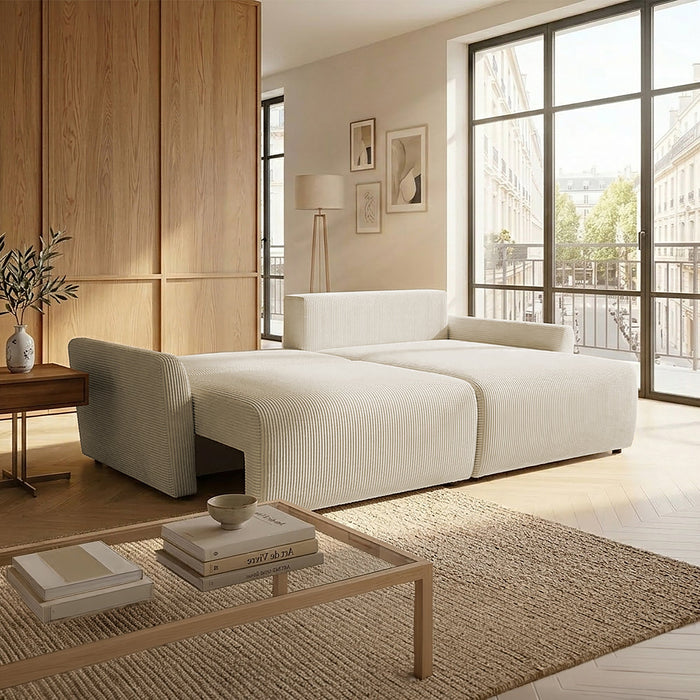LANA Canapé d'angle convertible et réversible avec coffre en tissu beige