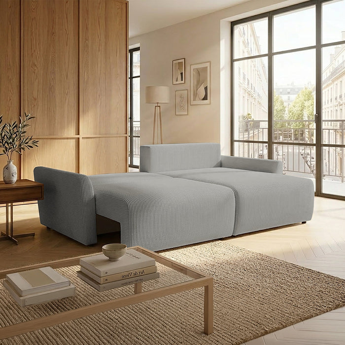 LANA Canapé d'angle convertible et réversible avec coffre en tissu gris clair