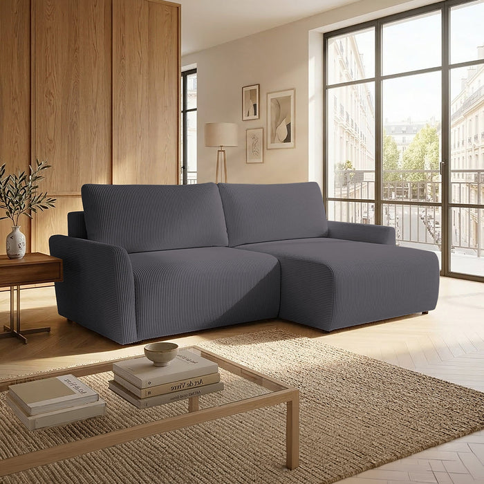 LANA Canapé d'angle convertible et réversible avec coffre en tissu gris foncé