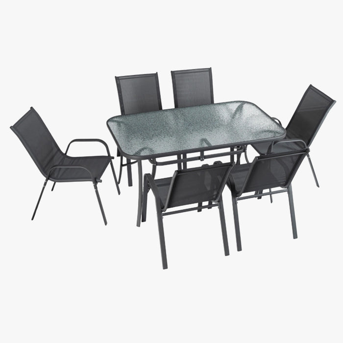 LIBERTY Ensemble de mobilier de jardin avec 6 chaises et table en verre et métal noir
