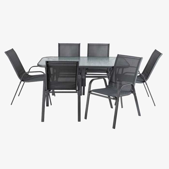 LIBERTY Ensemble de mobilier de jardin avec 6 chaises et table en verre et métal noir