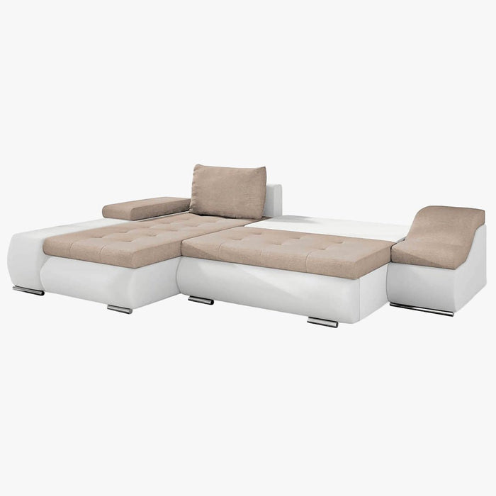 LOHAN Canapé d’angle convertible coffre de rangement en tissu beige et simili blanc – Angle Gauche