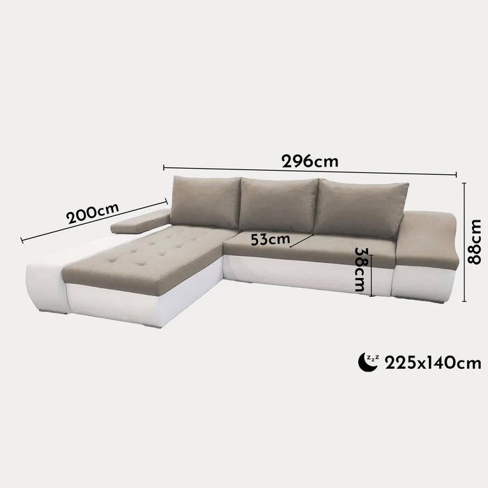 LOHAN Canapé d’angle convertible coffre de rangement en tissu beige et simili blanc – Angle Gauche