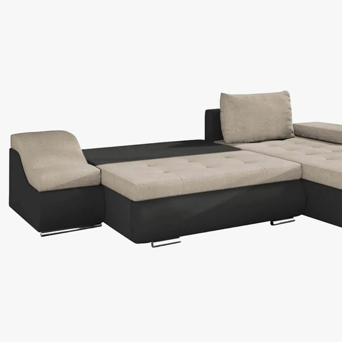 LOHAN Canapé d’angle convertible coffre de rangement en tissu beige et simili noir – Angle Droit