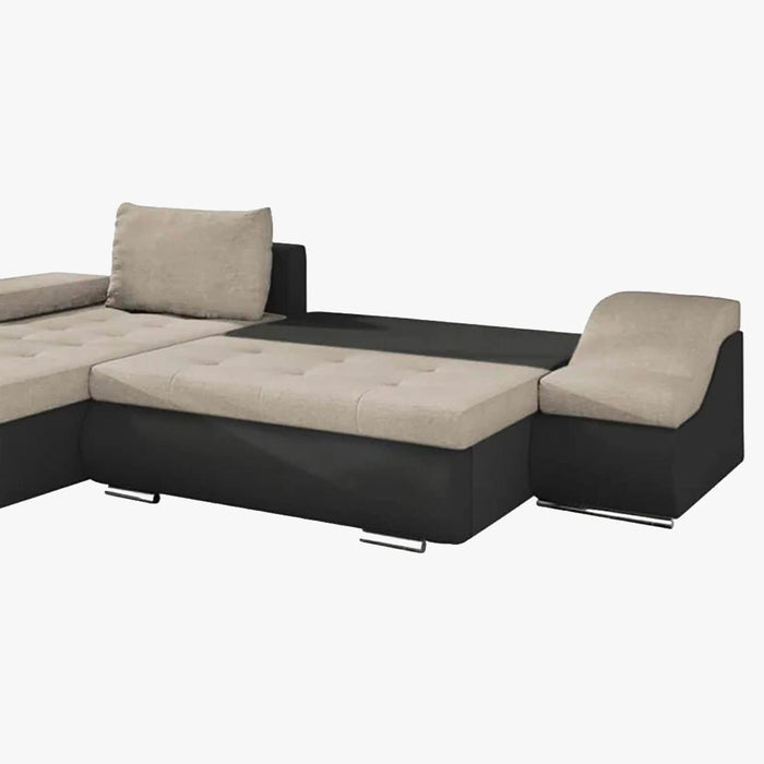 LOHAN Canapé d’angle convertible coffre de rangement en tissu beige et simili noir – Angle Gauche