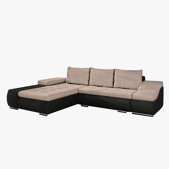 LOHAN Canapé d’angle convertible coffre de rangement en tissu beige et simili noir – Angle Gauche