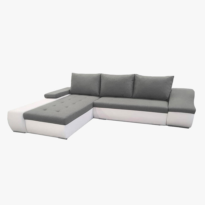 LOHAN Canapé d'angle convertible coffre de rangement gris et blanc - Angle Gauche