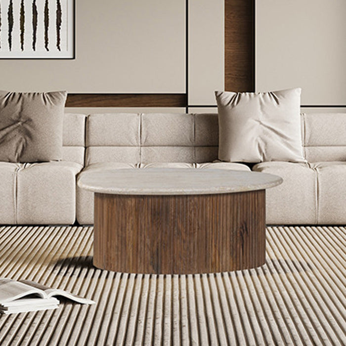 LOUIS Table basse en travertin et bois de manguier 90 cm