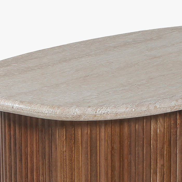 LOUIS Table basse en travertin et bois de manguier 90 cm