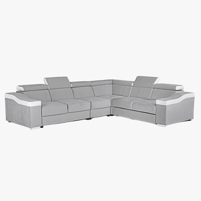 LUCKY Canapé d’angle convertible réversible en tissu velours gris clair et simili cuir blanc