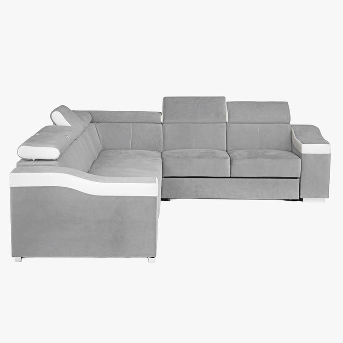 LUCKY Canapé d’angle convertible réversible en tissu velours gris clair et simili cuir blanc