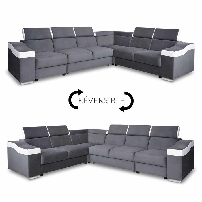 LUCKY Canapé d’angle convertible réversible en tissu velours gris et simili cuir blanc