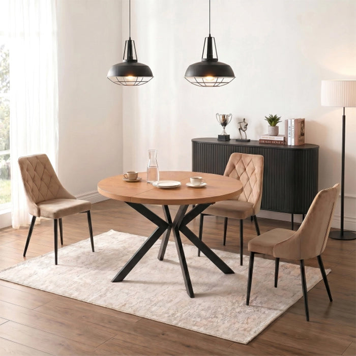 LUKAS Table à manger ronde extensible couleur bois clair pieds métal noir 100-250 cm