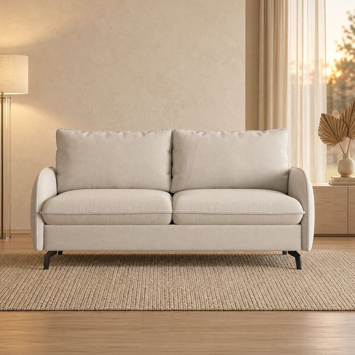 MARTINE Canapé 3 places convertible en tissu beige matelas 14 cm