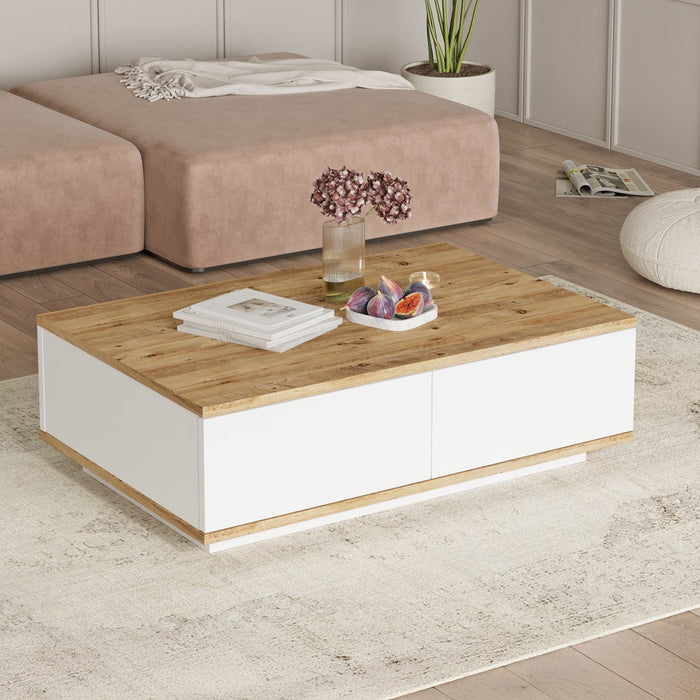MILIE Table basse rectangulaire couleur bois et blanc avec rangement intégré