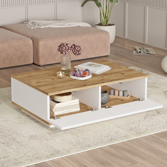 MILIE Table basse rectangulaire couleur bois et blanc avec rangement intégré