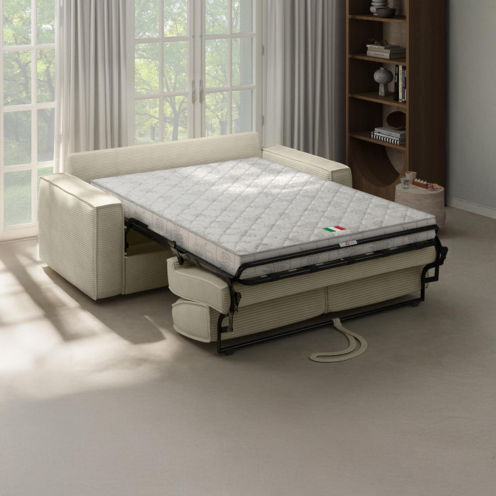 MINDY Canapé 3 places convertible velours côtelé beige matelas 14 cm