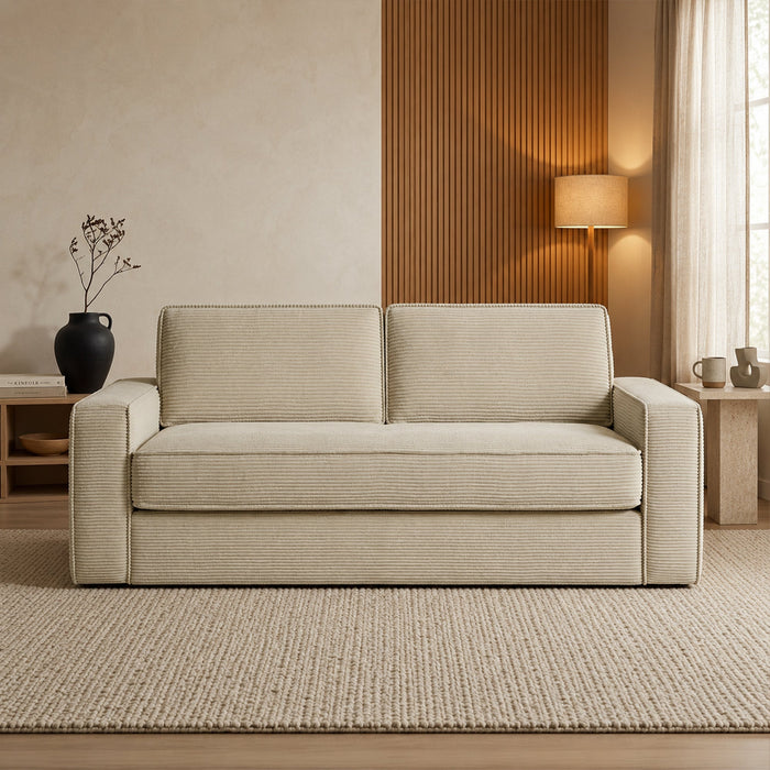 MINDY Canapé 3 places convertible velours côtelé beige matelas 14 cm