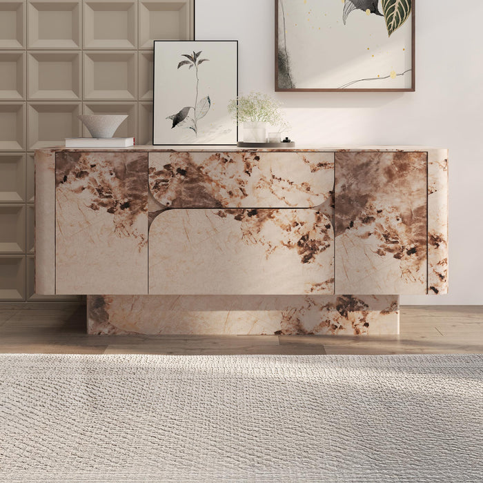MIRA Buffet enfilade 2 portes 2 tiroirs marbre d'ingénierie beige et marron