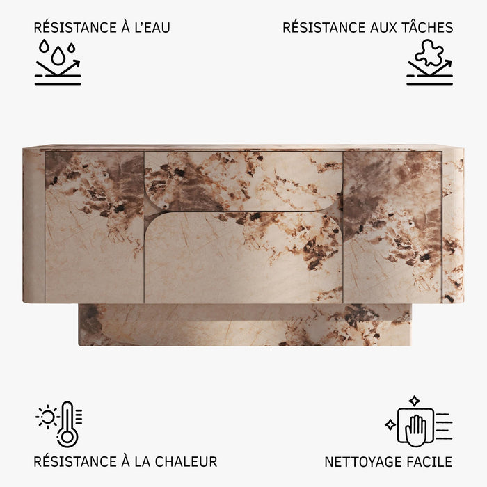 MIRA Buffet enfilade 2 portes 2 tiroirs marbre d'ingénierie beige et marron