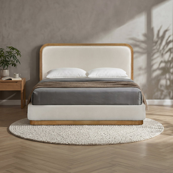 MONA Lit double en tissu beige et bois clair 140x190 cm