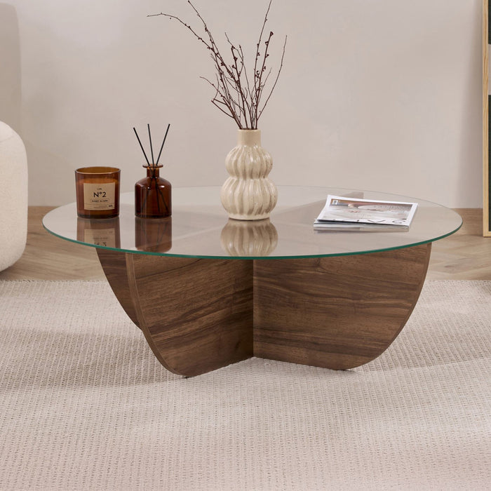 NESIA Table basse en verre piètement couleur bois foncé D90 cm