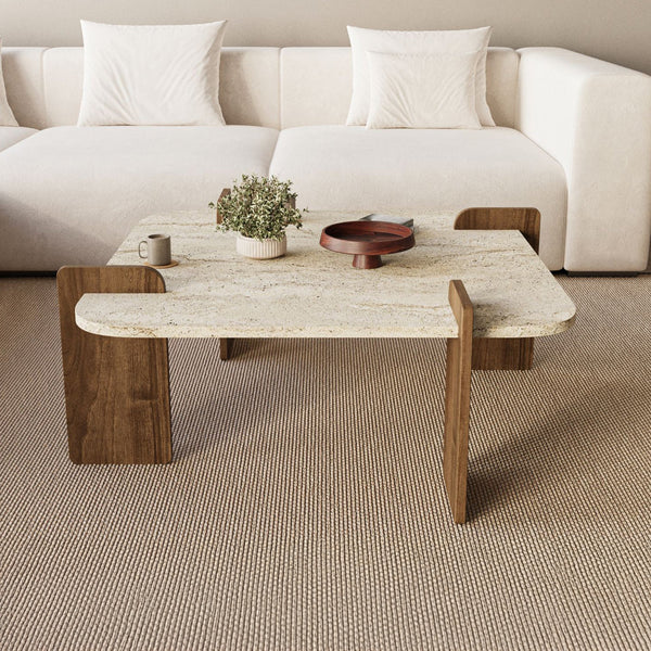 OFELI Table basse carrée beige piètement couleur bois foncé 90 cm