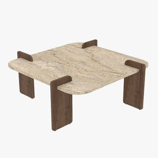 OFELI Table basse carrée beige piètement couleur bois foncé 90 cm