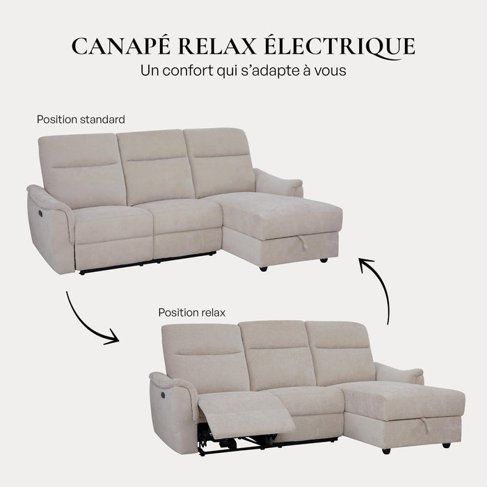 ORION Canapé d'angle relax électrique avec coffre en tissu beige - Angle droit