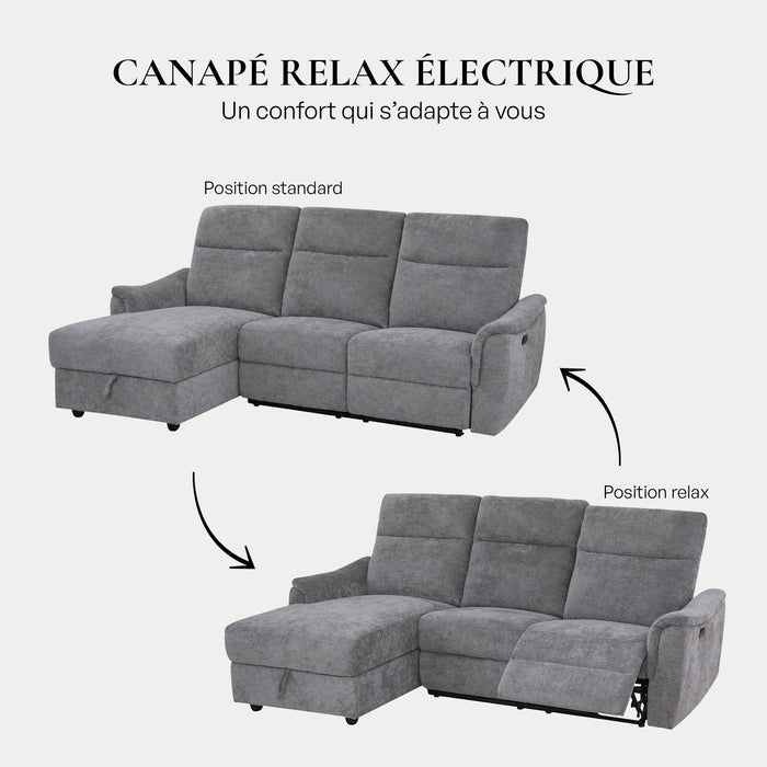 ORION Canapé d'angle relax électrique avec coffre en tissu gris - Angle gauche