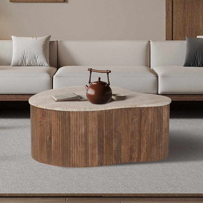 PAUL Table basse en travertin et bois de manguier 83 cm