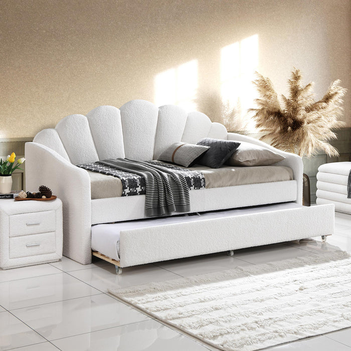QUEEN Lit gigogne en tissu bouclette blanc écru 90x190 cm