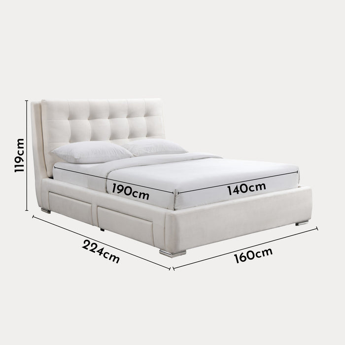RODRIGO Lit double en tissu blanc écru avec 2 tiroirs 140x190 cm