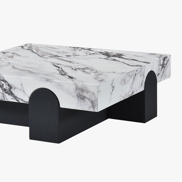 RUYA Table basse carrée marbre d'ingénierie blanc socle noir