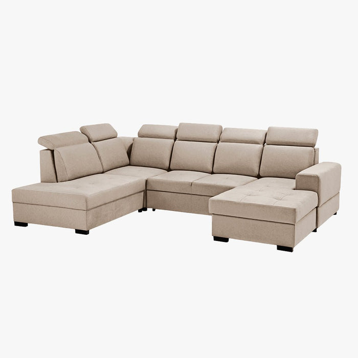 SACHA U Canapé panoramique convertible avec coffre en tissu beige - Angle droit